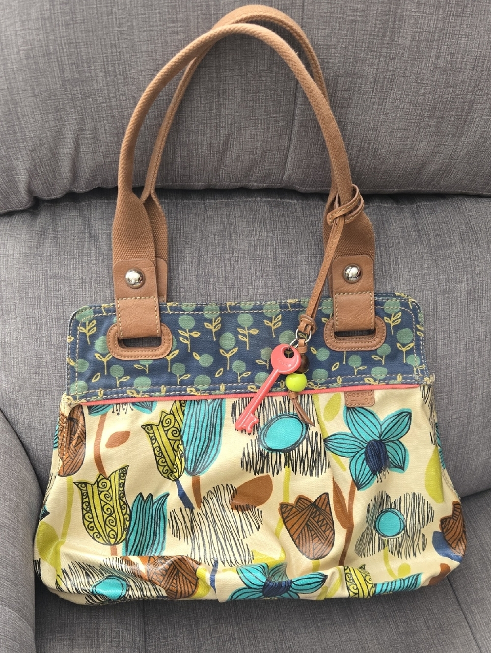 Fossil Floral Canvas Tote in Teal, Blue, Cream and Tan
